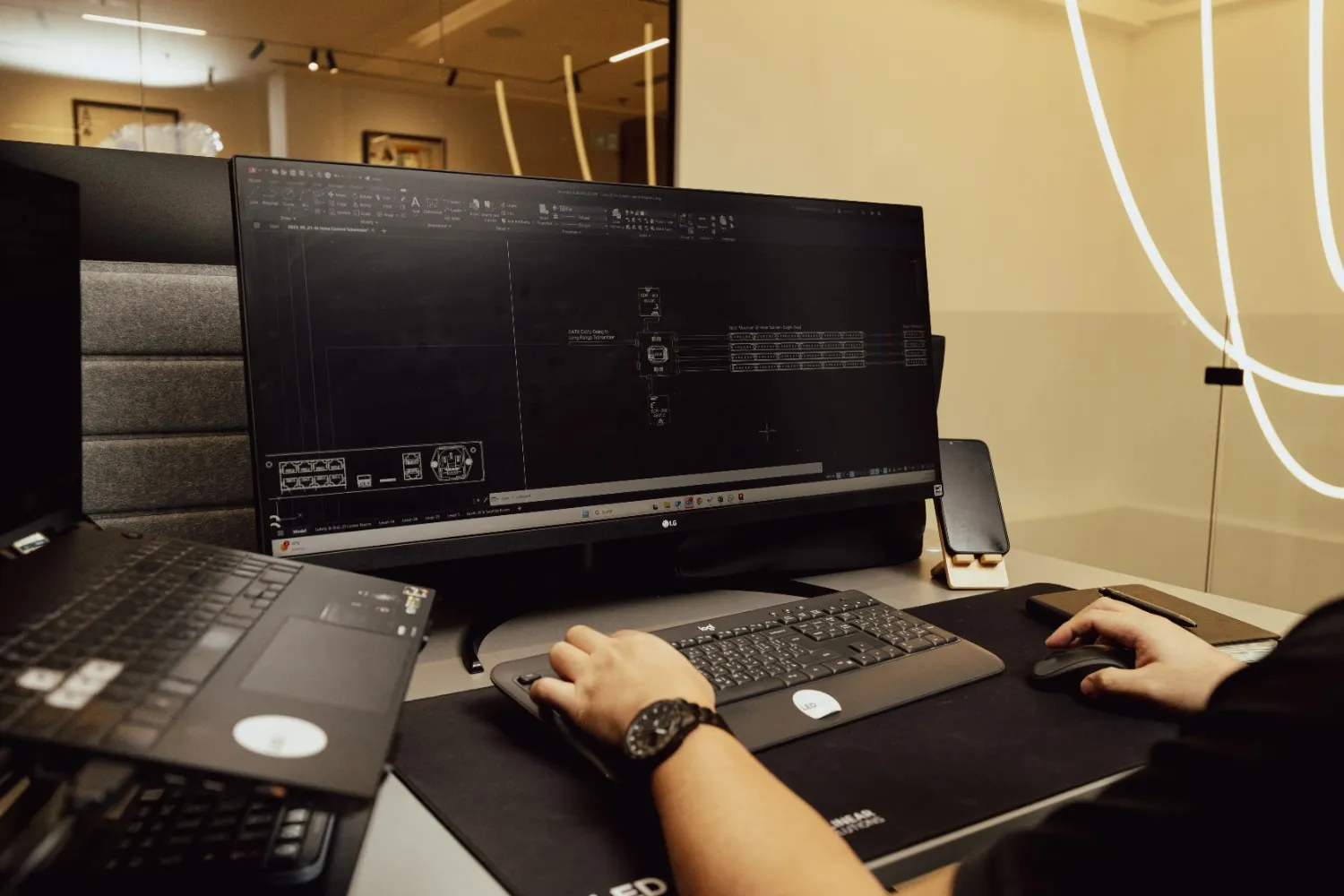 Designer developing LED lighting system schematics during concept and product development at LEDFlex